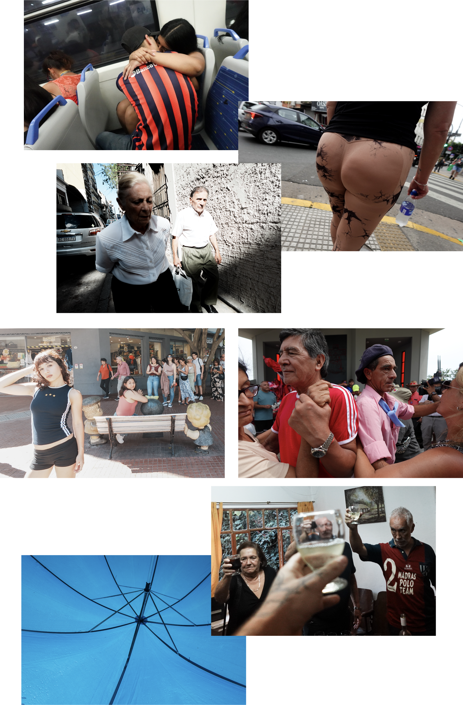Collage de street photography: pareja abrazada en el tren, mujer cruzando la calle, pareja mayor en un callejón, chica frente a un banco (APV Project), dos hombres con los brazos entrelazados, brindis con vino y paraguas azul.